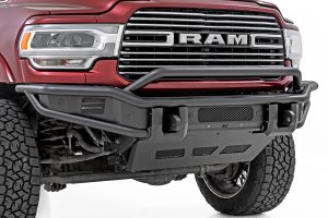 Ram 3500 Bumper - Front - Rough Country - Tubular, With Stinger Bar + Skid Plate, Light Bar Mount - Satin Black - '19-'26